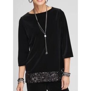 Chicos Velvet Tunic Top Size Medium Black Sequin Hem 3/4 Sleeve‎ Classic Holiday